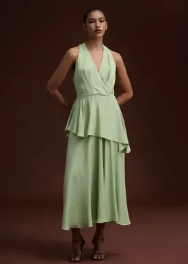 Vestido Longo Decote Trespasse com Peplum