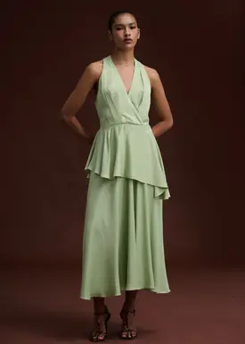 Vestido Longo Decote Trespasse com Peplum