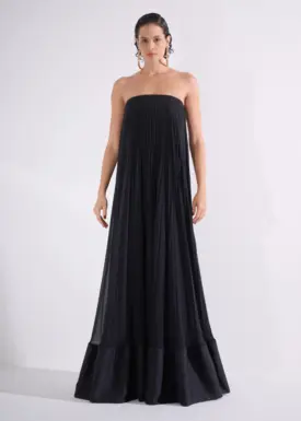 Vestido Longo Plissado com Barra em Cetim