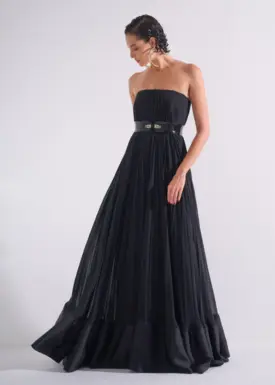 Vestido Longo Plissado com Barra em Cetim