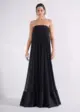 Vestido Longo Plissado com Barra em Cetim