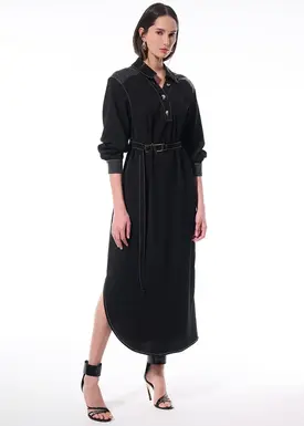 Vestido Coluna Com Faixa Manga Longa