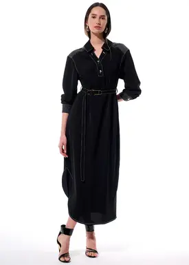 Vestido Coluna Com Faixa Manga Longa